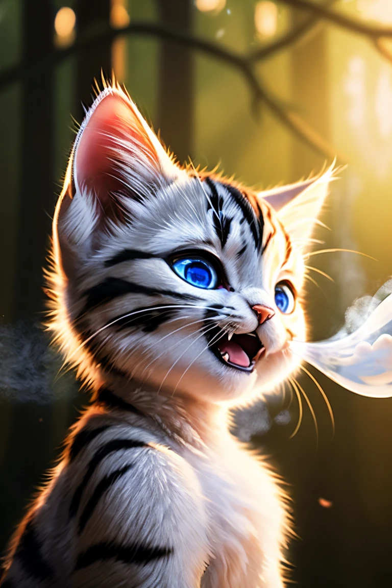 (Highest quality、masterpiece、8k))、Anatomically correct、Very detailed、High resolution、Cinematic lighting、Realistic、((Beautiful, sparkling, detailed eyes))、Intricate details、((Dynamic composition))、A cute little white kitten、Big head、(((A kitten exhaling white breath:1.4)))、((fog:1.4))、Beautiful forest、((Open your mouth))、Beautiful sunrise、