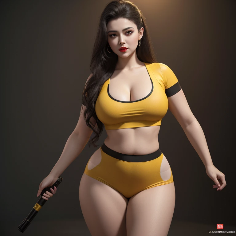High face quality, high red lips quality, high gray eyes quality, woman with very long dark brown hair, wearing yellow high waisted crop top with black spots and short t-shirt clothes,big breasts, curvy body, cinematic lighting , perfect face ,3d , fantasy, artstation , flowers tattoos