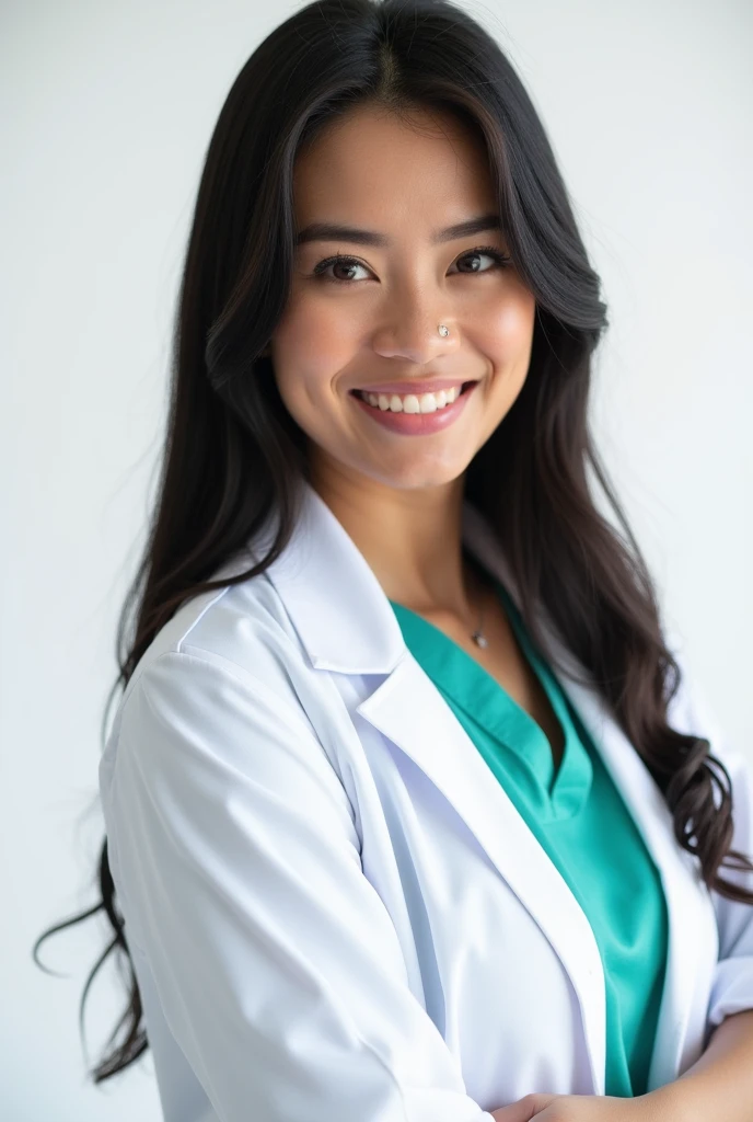 The image is a portrait style photograph showing a young woman with long straight black hair and a light to medium skin tone. She has a small piercing on her left nose and is wearing light pink lipstick. She is dressed as a doctor. The background includes a white background. Of Guatemalan nationality.