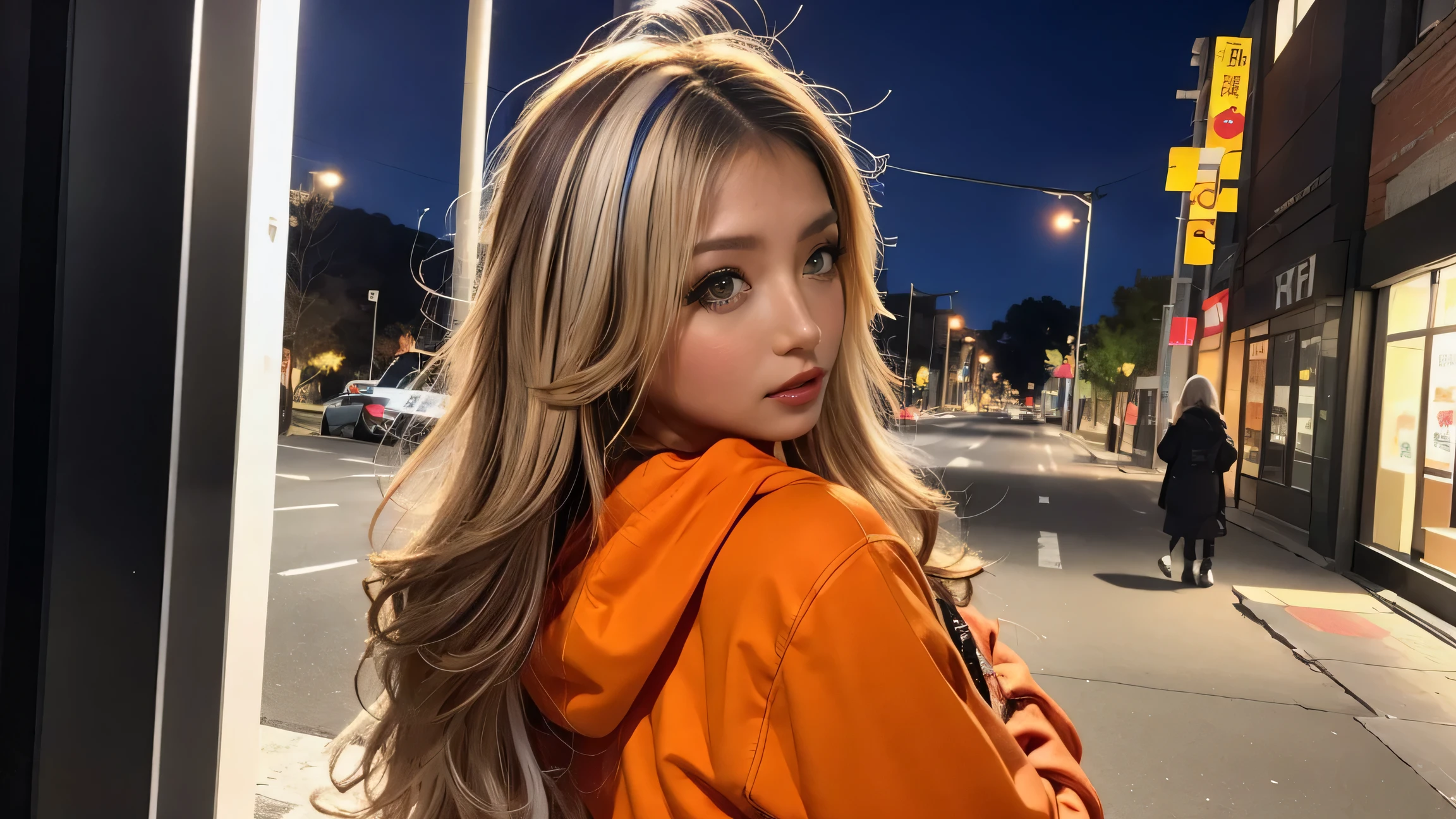 黒のパーカーを着たGal,Dynamic Angle, look back, back shot, Shadow, Shadowでfaceが見えない, Perfect body, night,moonlight,Exterior lights,Gal, Hooded parka,masterpiece, Highest quality, Realistic, face,, beautiful, cute, Written boundary depth, High resolution, Super detailed, detailed, pale, night, woman,blonde,Platinum Hair,Brown Hair,orange,Wavy Hair,Shortcuts,building,intersection,stage,Pedestrian bridge,vending machine,night,深night,Blurred Background:1.2