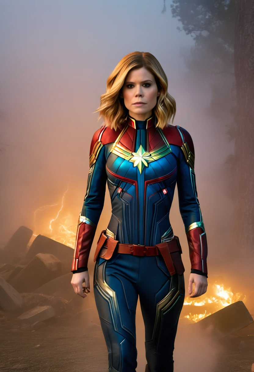 Kate Mara as Captain Marvel in a sexy outfit (unzipped down the middle), emerging from a mysterious fog, graveyard, sultry