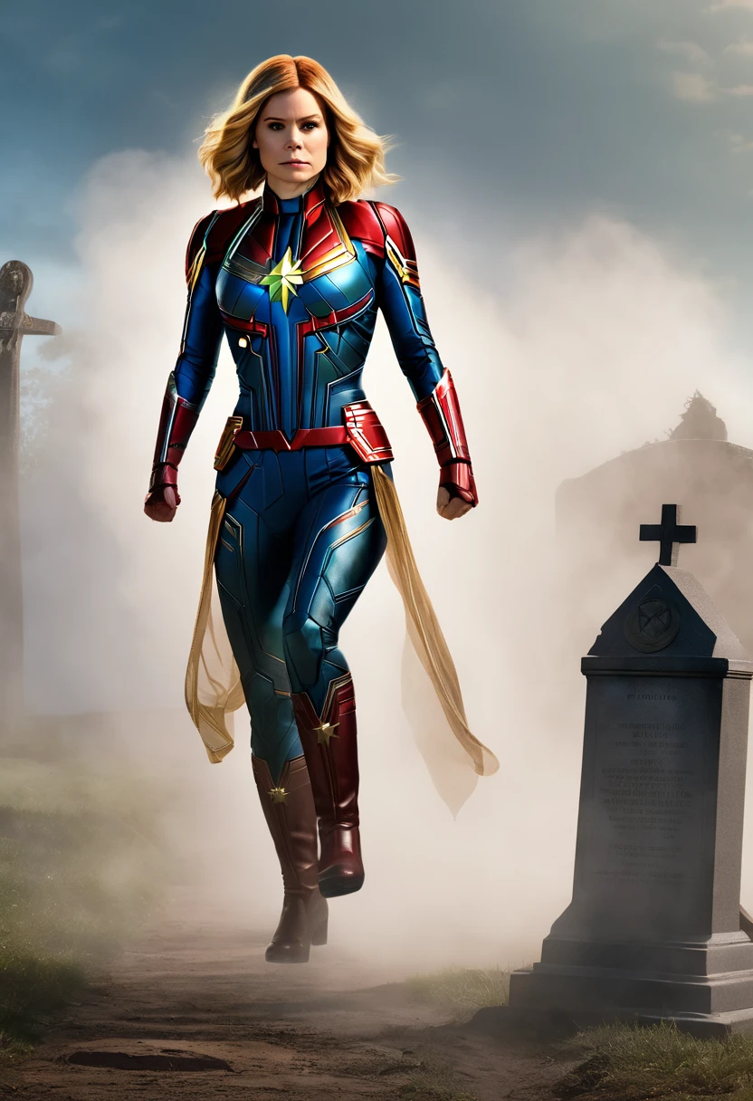Kate Mara as Captain Marvel in a  outfit (unzipped down the middle), emerging from a mysterious fog, graveyard, sultry
