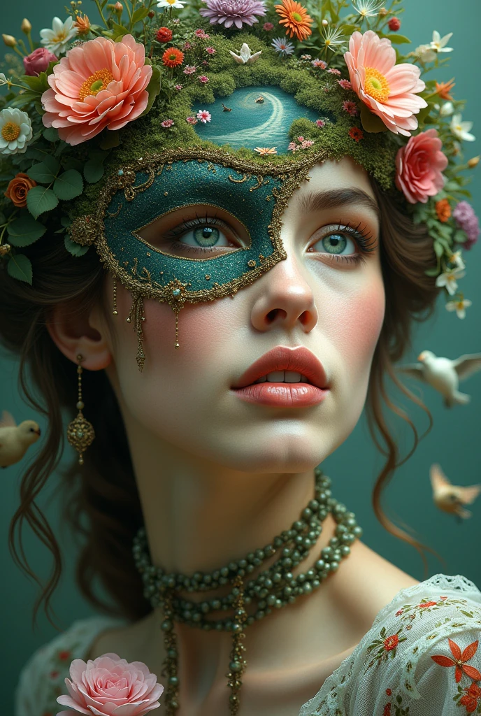 face of a beautiful woman with light eyes. On Iris, there's a garden landscape with flowers and birds on her face. . her holding a masquerade mask