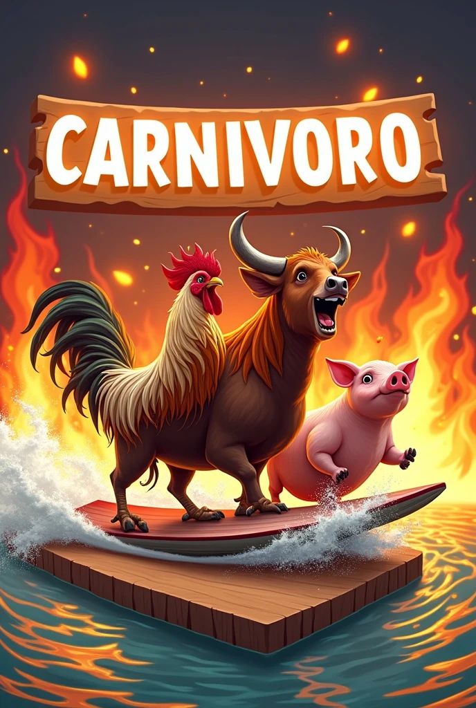 A rooster, a bull and a pig surfing a cutting board, around flames of fire and a white 3D sign that says, CARNIVORO in Spanish, cartoon illustration type.
