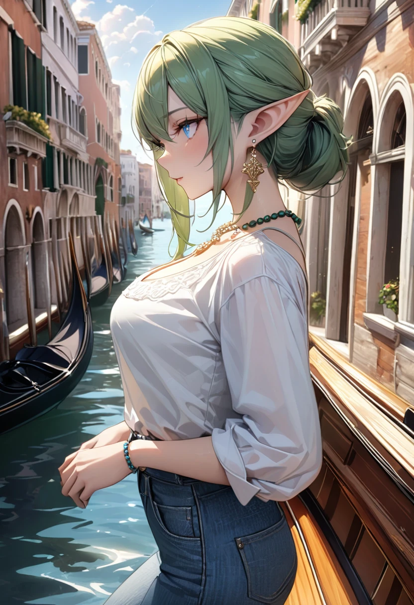 perfect eyes, soft light, high quality, 4k resolution, masterpiece, textured skin, high details, detailed face, detailed eyes, best quality, award winning, super detail, high quality, elf, green hair, half updo, ribbon, bead necklace, pointy ears, crystal earrings, white linen shirt, Roll up the sleeves of her long-sleeved shirt, denim pants, street fashion, casual outfit, cumulonimbus clouds in the background, midsummer sunshine, Gondola ride in Venice, from side