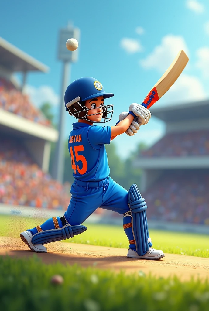 A boy wearing Indian cricket team jersey of Aryan jersey number 45 hitting six in match