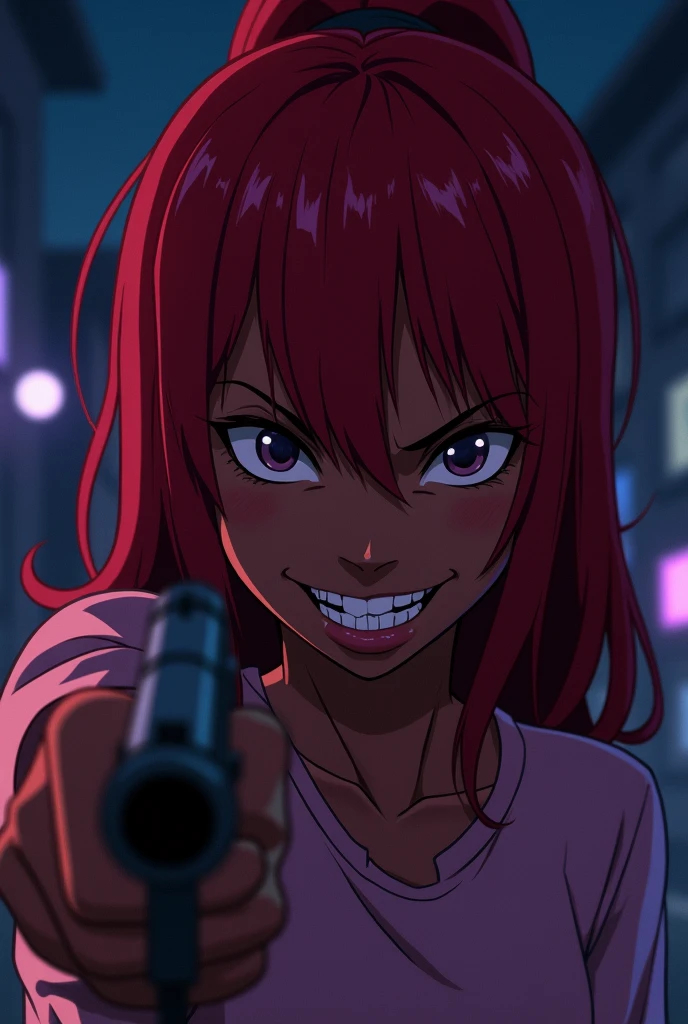 Black girl with red hair, brown skin tone, with an evil grin tongue out, pointing a gun at the camera, a night with lighting tones pulled towards purple and a bit of blue, art style: anime minimalist