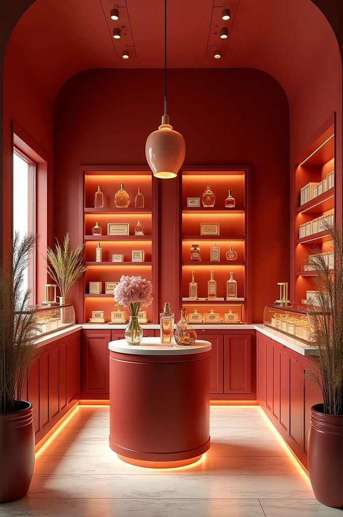 Simple and inexpensive perfume shop interior design in light red and gold colors. The shop name is Milano and the shop size is 10 meters.