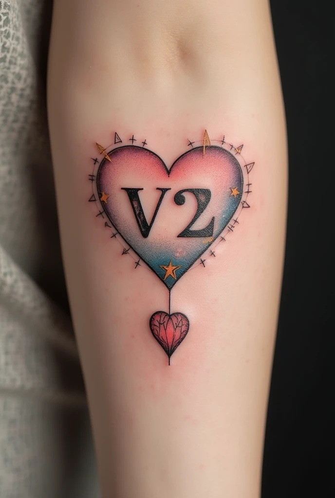Create a tattoo design of v² and a small heart, make it more intricate.