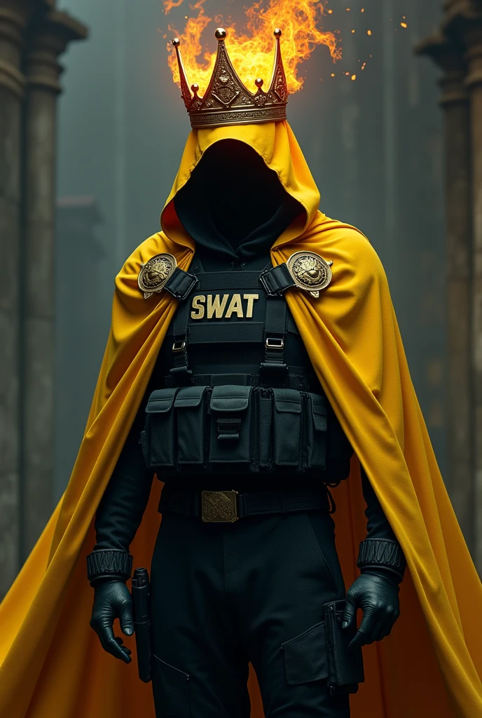 A hooded man whose face cannot be seen, wearing a crown with a magma design on his head, a SWAT suit, and a yellow cape.