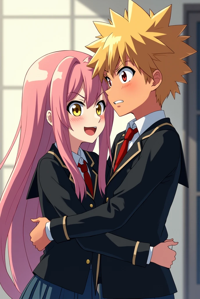 One with snake-like yellow eyes, a pale skin, with long, pastel pink hair. She wears a black school uniform, has a smirk as he hugs a blonde spiky-haired, Eyes red, a slightly tanned skin, he wears a black school uniform, has an embarrassed annoyed expression (drawing in bnha style)