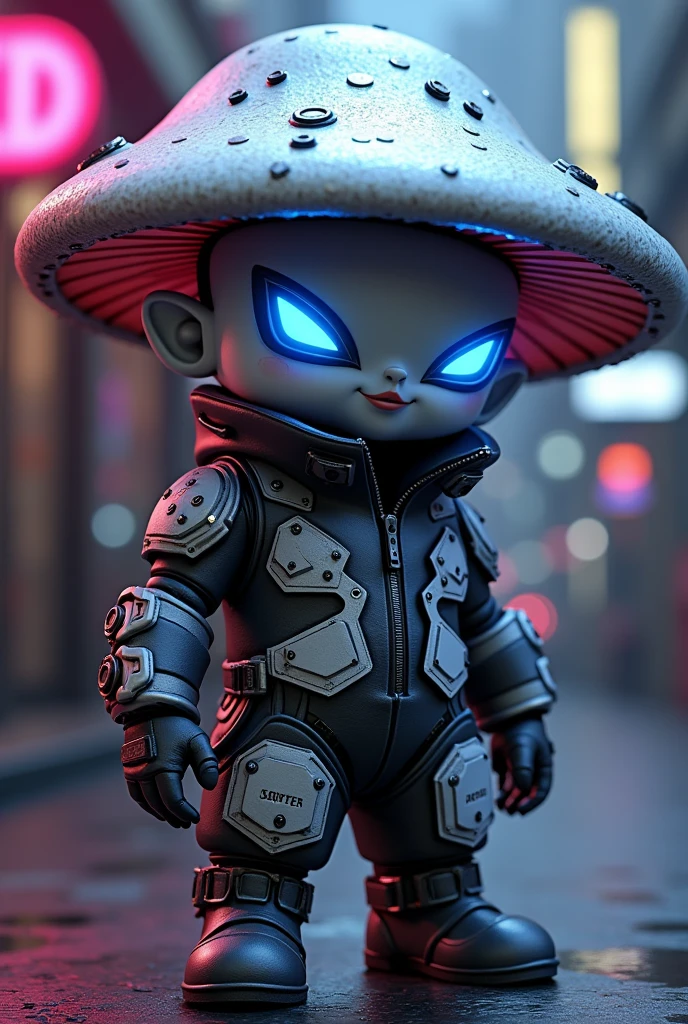Draw a high quality 3D character of a male white mushroom with a cyberpunk theme. The mushroom should have an angular and robust hat with metallic textures, integrating elements like subtle neon circuit patterns glowing in cyan and magenta. The hat should have some small mechanical details, like openings or embedded wires, giving it a futuristic and high-tech look. The eyes should be sharp and intense, with a blue neon glow, conveying a sense of power and confidence. The mouth should show a confident smile, a little more pronounced, giving the character a tough attitude, almost rebellious. The stem should be thicker, with mechanical components and armor-like plates, perfectly blending organic and synthetic elements. The texture should blend the natural surface of a mushroom with cybernetic enhancements, including exposed circuits or small panels. The overall design should reflect a cyberpunk aesthetic, with dark and elegant colors contrasted by bright neon lights. The character's pose should be strong and assertive, possibly with one foot forward and the hat tilted forward, as if he were challenging the viewer. The environment should be a dark, futuristic urban setting, with neon lights reflecting on the character, highlighting its cyberpunk elements