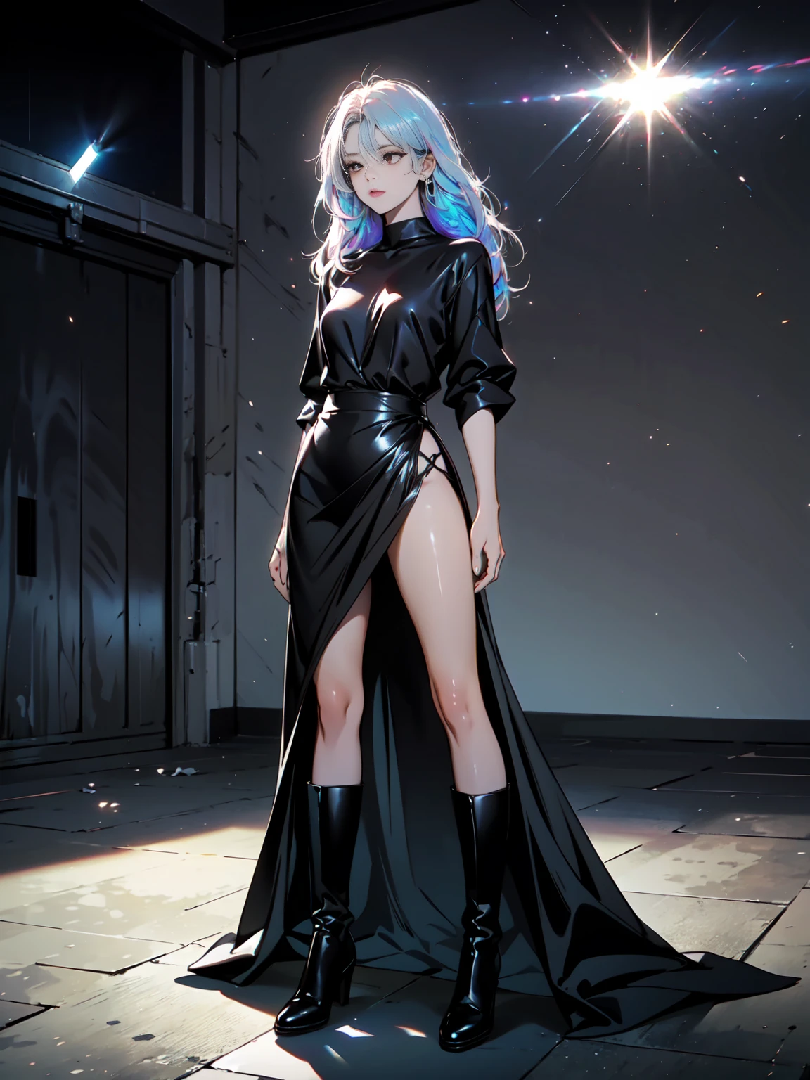 Girl with long white hair down to her waist, with small red details, red eyes, long black dress with a leg slit, with red details, long black boots up to below the knees, white skin, the ground around her is cracking and small stones are floating around her surrounded by a black aura, she is surrounded by shadows, and the background is dark like the night with the universe and stars, her presence causes fear, her shadow appears to be a monster, 8k, high quality, full body, (ultra-realistic), {extremely detailed 8k CG unit wallpaper}, expansive landscape photograph, (light: 2.0), (warm light source: 1.5), complex details, (iridescent colors: 1.5), (bright lighting), (atmospheric lighting), surreal, impressive, fantasy, (Solo: 1.2), White moon