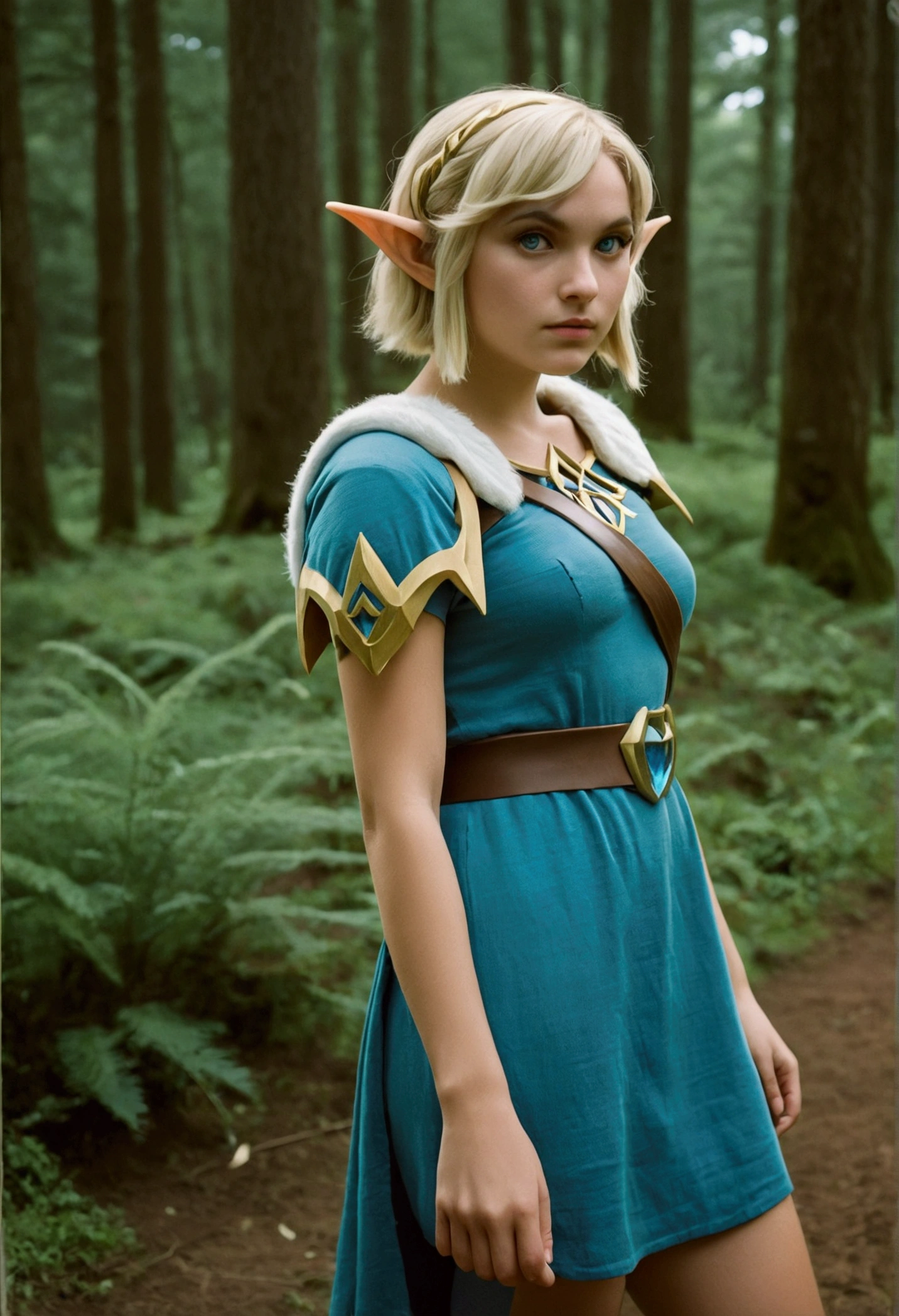 analog film photo, photo of a Hylian girl, elf ears, azure eyes, messy blonde bob cut, tan complexion, tall stature, voluptuous hourglass figure, full hips, plump round buttocks, wearing a linen mini-dress, strolling through Hyrule's wilderness, resembles Princess Zelda, RAW Photograph, dslr, soft lighting, high quality, film grain, Fujifilm XT3, detailed skin with visible pores, insane details, masterpiece, 8k, 35mm photograph, dslr, kodachrome, faded film, desaturated, grainy, vintage, Lomography, stained, highly detailed, found footage, close-up shot, elven ears