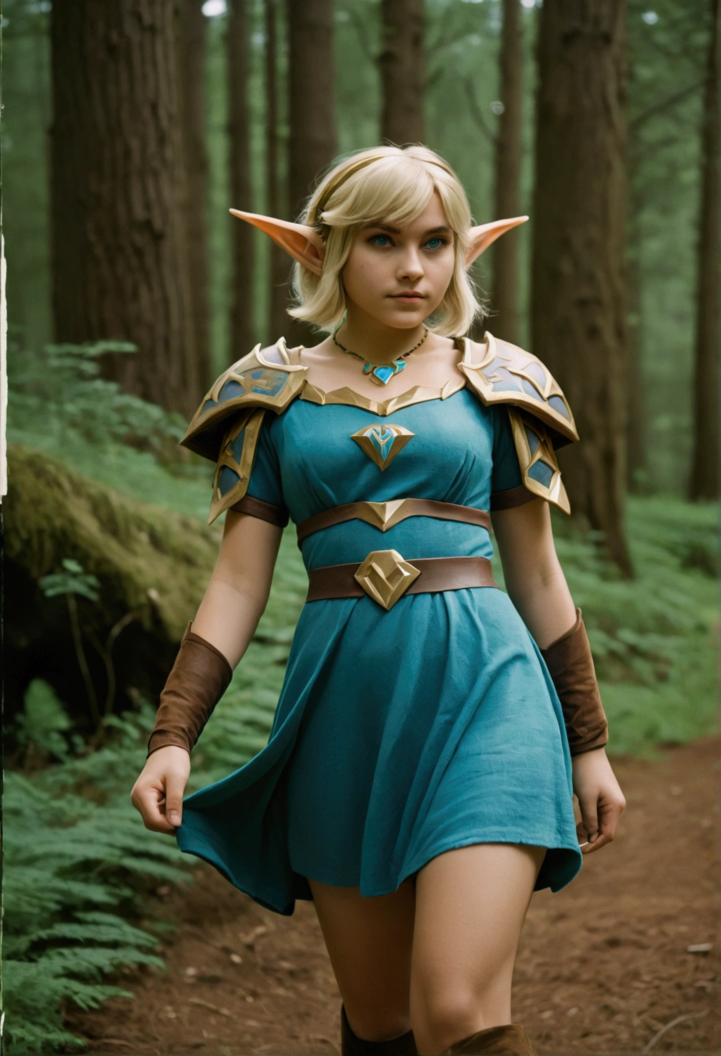 analog film photo, photo of a Hylian girl, elf ears, azure eyes, messy blonde bob cut, tan complexion, tall stature, voluptuous hourglass figure, full hips, plump round buttocks, wearing a linen mini-dress, strolling through Hyrule's wilderness, resembles Princess Zelda, RAW Photograph, dslr, soft lighting, high quality, film grain, Fujifilm XT3, detailed skin with visible pores, insane details, masterpiece, 8k, 35mm photograph, dslr, kodachrome, faded film, desaturated, grainy, vintage, Lomography, stained, highly detailed, found footage, close-up shot, elven ears