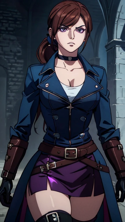 (1girl, julia belmont, brown hair, purple eyes, short hair, ponytail), (extremely detailed CG unit 8k wallpaper),(master part), (best quality), (ultra detail), (best illustration),(wanostyle), cowboy shot, (Sharp eyeliner, ombre, detail eyes), dark dungeon interiors background, ,break , (vamptech), black gloves, black belt,multiple belts, white shirt, blue long coat, black choker,black boots,