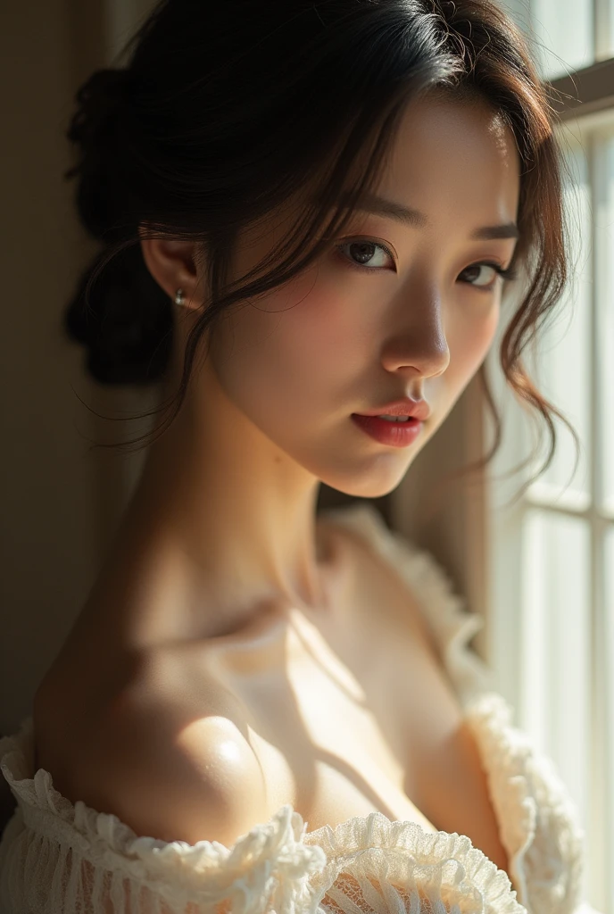 An elegantly dressed Japanese woman in natural light、A close-up of her chest and calm expression.、It shows her inner peace and outer charm.。I would have sex with that person。It's so beautiful that I'm cumming in her vagina。
