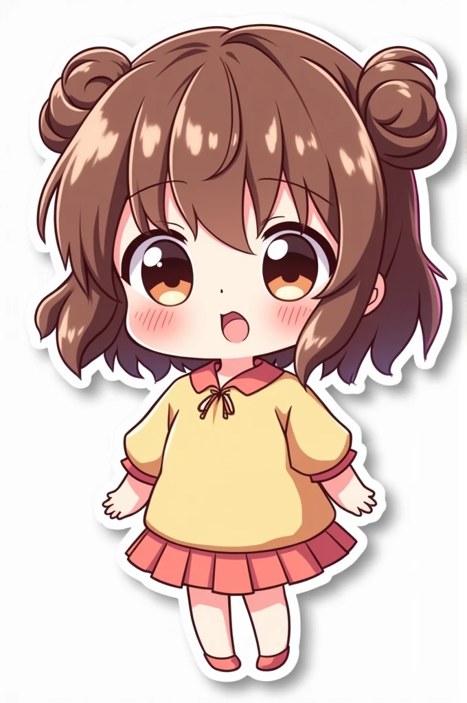 Generate an anime style sticker of a chibi woman, with borders and white background