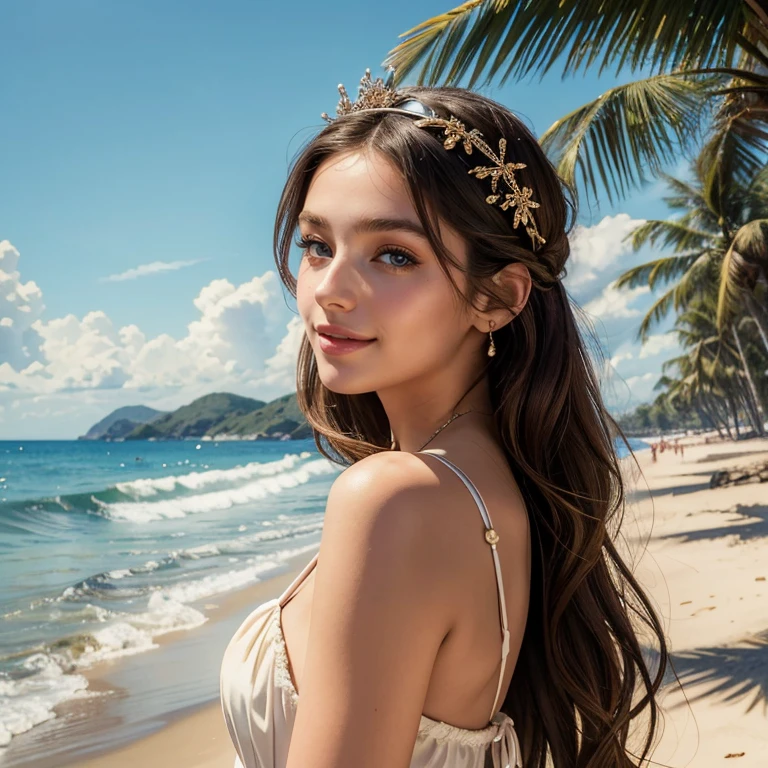 (masterpiece, best quality:1.5), highest quality, High resolution, super detailed, Realists, Upper body photo of a brunette 22-year-old woman, detailed and beautiful eyes, beautiful detailed lips, very detailed eyes and face, longeyelashes, 22-year-old woman in a summer dress, Beautiful and colorful makeup, elegant and noble々Pose,shiny headband,, Beach and sea as background, bright daylight, bright colors, fine brushstrokes, Portrait style, beautiful color palette, glowing skin, First-class rendering, that captures every detail, enchanting atmosphere, (perfect anatomy:1.2), (The stunning woman is wearing a short summer dress... She smiles flirtatiously. her arms above her head, Showcasing her figure (magnificent panorama view:1.2)