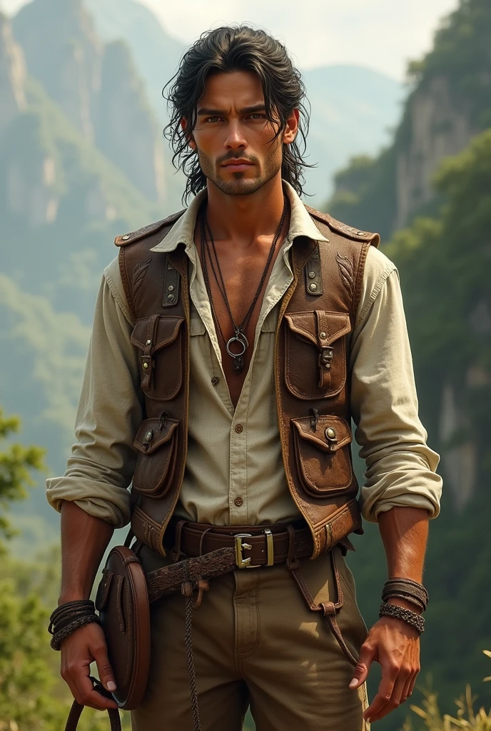 He is of average height and has a sturdy build, with a charismatic presence. His skin has a warm, tanned tone, with a slight gleam that gives him an exotic but human air. He has expressive eyes, He has amber eyes, that reflect a deep knowledge of nature. His hair is dark and wavy, often pulled back in a ponytail. He dresses in adventurous style clothing, like a long-sleeved linen shirt, a leather vest adorned with tribal patterns and durable cotton pants. His style of dress highlights his connection to nature without losing a touch of sophistication.