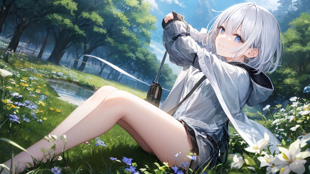 Ultra HD,Look at the viewers, Place your hands behind your back, and, 20-year-old, 非常にshort hair, Long bangs between the eyes, Pale blue eyes, Very detailed,(masterpiece、Highest quality),Gray Hair、Laughter、wonderful, Silver Hair, iris, short hair、 Fluttering Hair、Small face、明るいsmile、(Detailed face) ,Professional Lighting,wonderful風景,blue sky, sunlight,Looking down from above,Portraiture、Open your mouth、Flower Field、Her eyes were shining、Mysterious and enchanting atmosphere。With AI Painting、andてもshort hair, Long bangs between the eyes, Very detailed,(masterpiece、Highest quality)、alone、Gray Hair、Fantasy, Silver Hair, Fantasyな風景、smile、Open your mouth、short hair、short hair、hairpin、black eye、Grey Eyes、Beautiful Eyes、Black Shirt、White hoodie