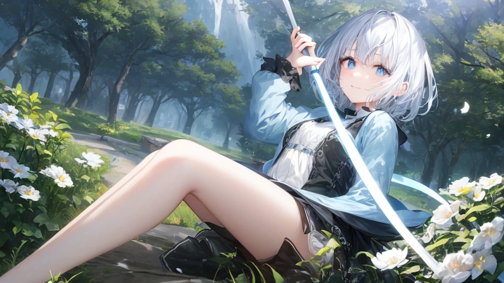 Ultra HD,Look at the viewers, Place your hands behind your back, and, 20-year-old, 非常にshort hair, Long bangs between the eyes, Pale blue eyes, Very detailed,(masterpiece、Highest quality),Gray Hair、Laughter、wonderful, Silver Hair, iris, short hair、 Fluttering Hair、Small face、明るいsmile、(Detailed face) ,Professional Lighting,wonderful風景,blue sky, sunlight,Looking down from above,Portraiture、Open your mouth、Flower Field、Her eyes were shining、Mysterious and enchanting atmosphere。With AI Painting、andてもshort hair, Long bangs between the eyes, Very detailed,(masterpiece、Highest quality)、alone、Gray Hair、Fantasy, Silver Hair, Fantasyな風景、smile、Open your mouth、short hair、short hair、hairpin、black eye、Grey Eyes、Beautiful Eyes、Black Shirt、White hoodie