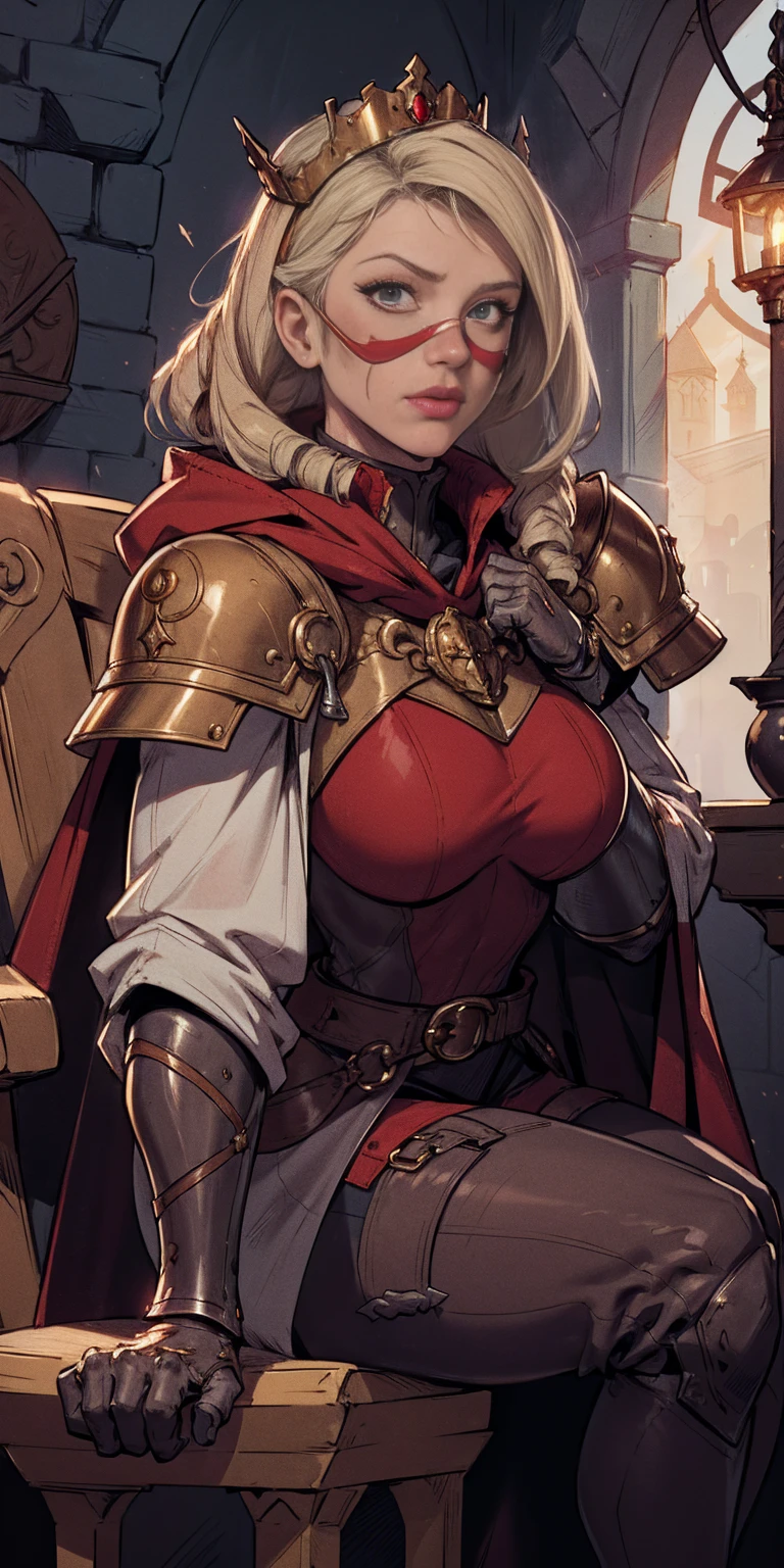 (masterpiece, best quality, absurdness, 4k, aesthetic, detailed, intricate, perfect lighting) cinematic angle, 1sologirl, sitting on throne, elbow rest, castle interior, mask, hood, cape, belt, armor, cloak, red gloves gauntlets, bkcrown