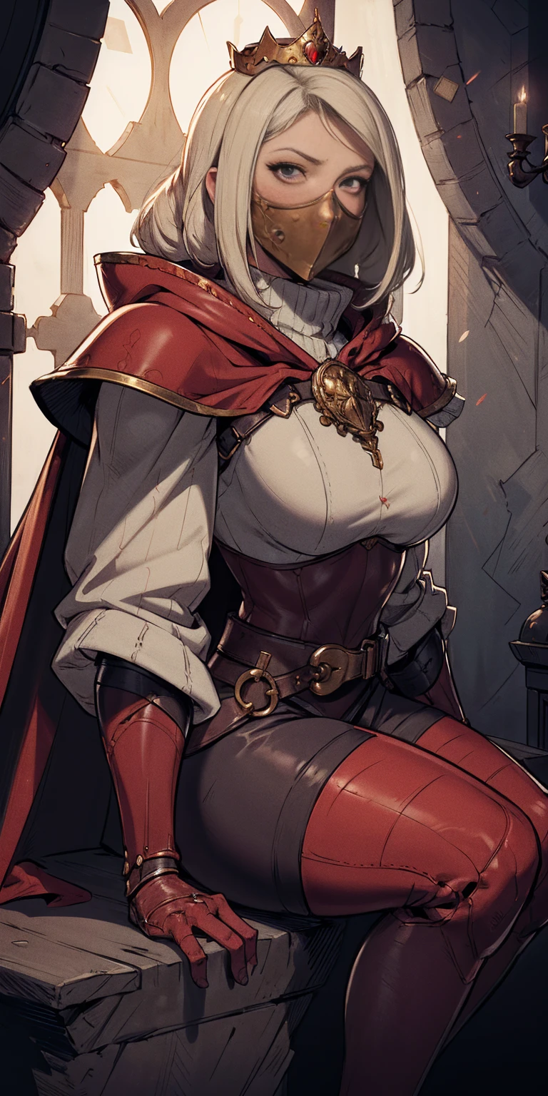 (masterpiece, best quality, absurdness, 4k, aesthetic, detailed, intricate, perfect lighting) cinematic angle, 1sologirl, sitting on throne, elbow rest, castle interior, mask, hood, cape, belt, armor, cloak, red gloves gauntlets, bkcrown
