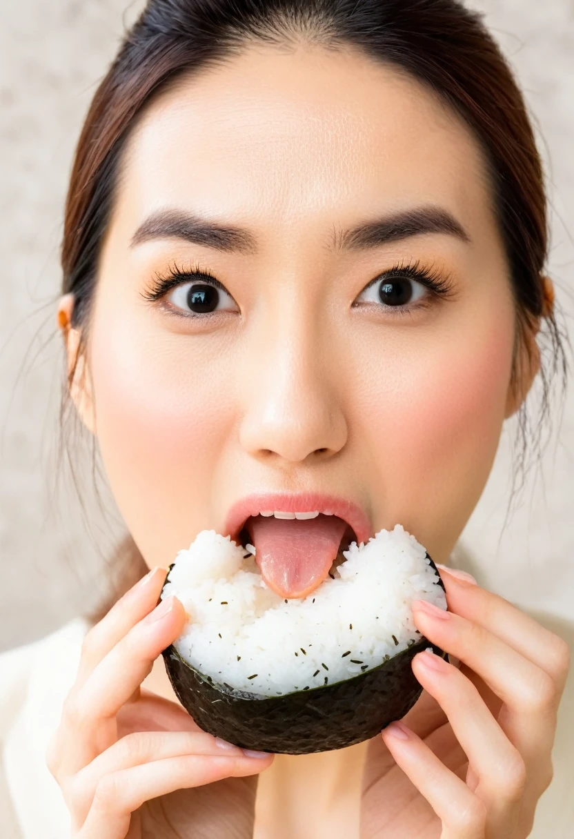 The image of someone holding an onigiri (rice ball) with their mouth open, bringing the onigiri to their mouth.