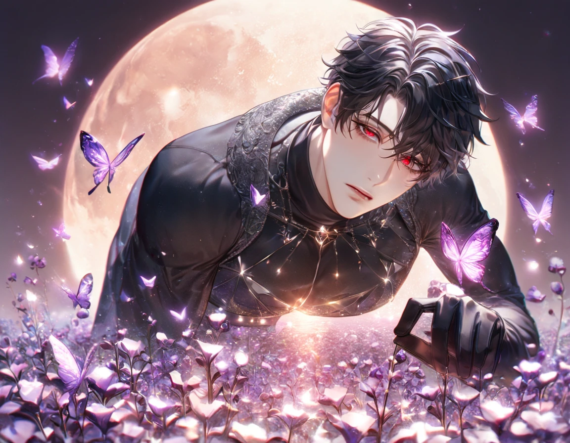 absurdres, highres, ultra detailed, HDR) master piece, best quality, extremely detailed, delicated features, Jaehwan, black hair that parts just above his left eye, expressive red eyes, The World After The Fall, solo, sexy man, handsome, sensual, black coat, black tight turtleneck shirt, toned, black gloves, fantasy, magical, glittering, shining, purple flames, purple moon, purple flowers, purple butterflies