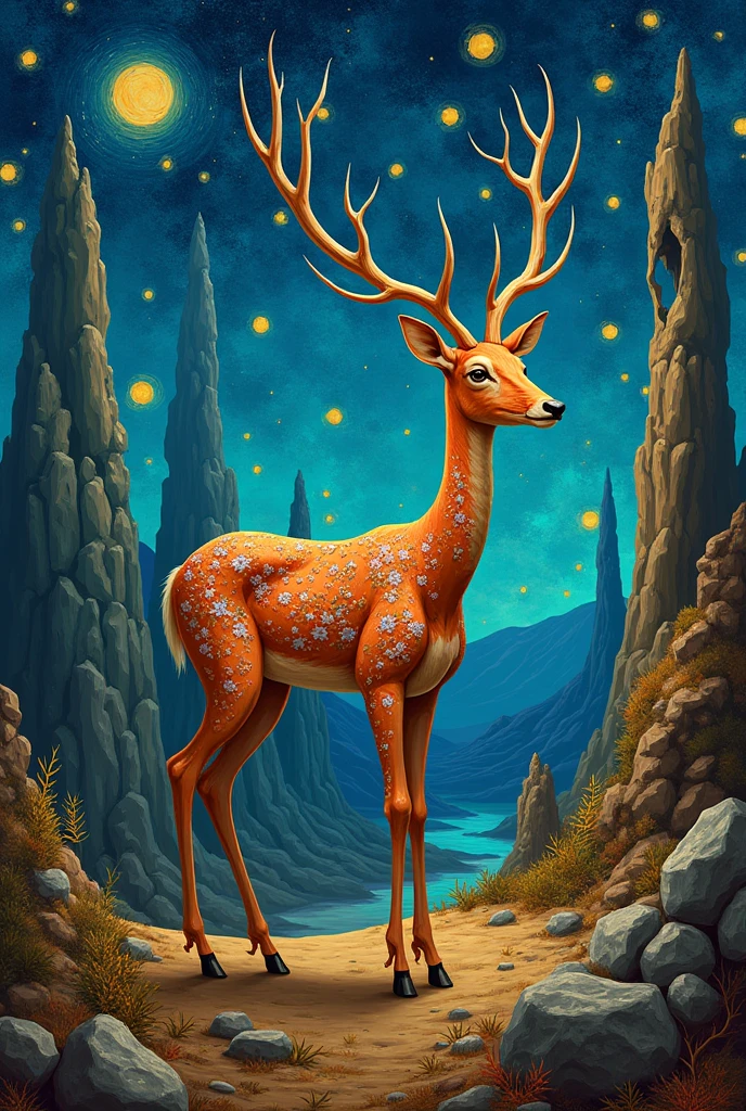 Paint the wounded deer by Frida Kahlo in a Dali painting setting with a starry sky by Vincent Van Gogh
