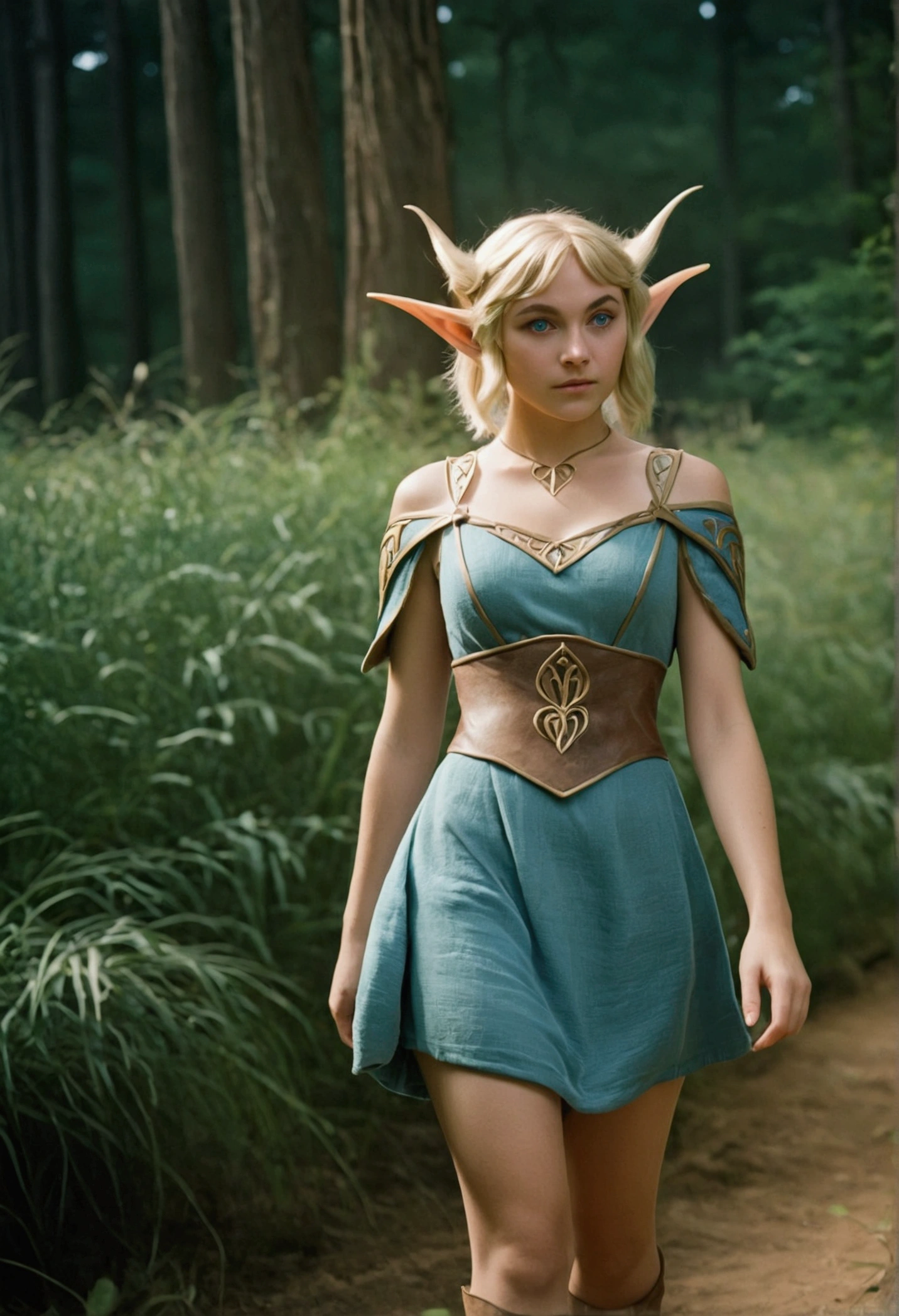 analog film photo, photo of an elven girl, elf ears, azure eyes, messy blonde bob cut, tan complexion, tall stature, voluptuous hourglass figure, full hips, plump round buttocks, wearing a linen mini-dress, strolling through a fantasy landscape, resembles Princess Zelda, RAW Photograph, dslr, soft lighting, high quality, film grain, Fujifilm XT3, detailed skin with visible pores, insane details, masterpiece, 8k, 35mm photograph, dslr, kodachrome, faded film, desaturated, grainy, vintage, Lomography, stained, highly detailed, found footage, close-up shot, elven ears