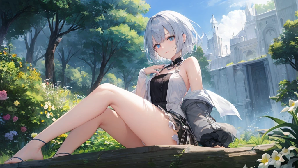 Ultra HD,Look at the viewers, Place your hands behind your back, and, 20-year-old, 非常にshort hair, Long bangs between the eyes, Pale blue eyes, Very detailed,(masterpiece、Highest quality),Gray Hair、Laughter、wonderful, Silver Hair, iris, short hair、 Fluttering Hair、Small face、明るいsmile、(Detailed face) ,Professional Lighting,wonderful風景,blue sky, sunlight,Looking down from above,Portraiture、Open your mouth、Flower Field、Her eyes were shining、Mysterious and enchanting atmosphere。With AI Painting、andてもshort hair, Long bangs between the eyes, Very detailed,(masterpiece、Highest quality)、alone、Gray Hair、Fantasy, Silver Hair, Fantasyな風景、smile、Open your mouth、short hair、short hair、hairpin、black eye、Grey Eyes、Beautiful Eyes、Black Shirt、White hoodie