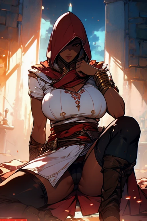 The woman, Altaïr's suit boots to the knee, Bracelets on the legs, socks, stockings, Jerusalem in the background, ((evening, night)), very detailed, Realistic long-term photography., 4k, short hair, brown hair,(((hood, hood)), ((shocks, garagantilla)),bracelet, sexy, dark skin, brown eyes, big breasts, big breasts