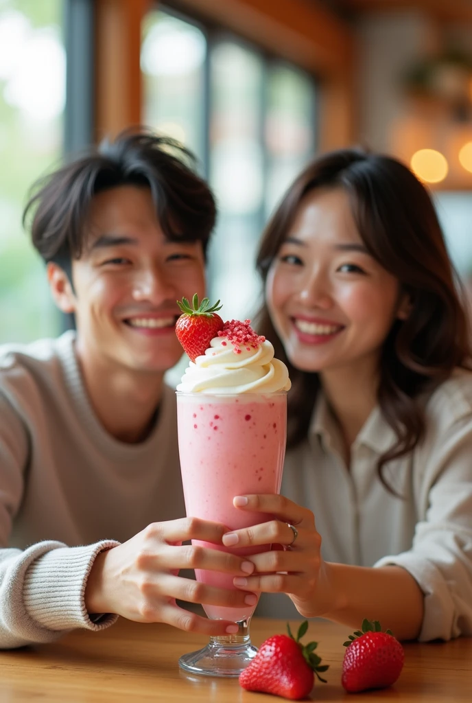 Japanese couple with strawberry milkshake for advertisement