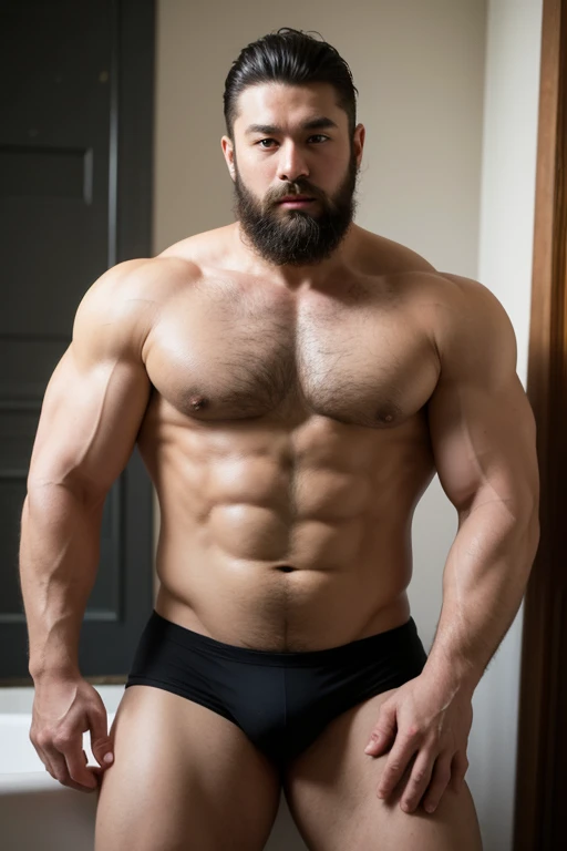 ((best quality)), ((masterpiece)), (detailed), perfect big detailed hairy plump muscle man in bath , beard, dark skin color, skinhead, Japanese men, Big lump cok 