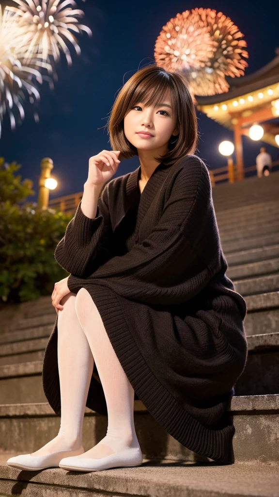 A woman in her 40s sits on the steps of a shrine on the day of the fireworks festival, Attractive pose, All-through pantyhose, wearing a black sweater, Casual pose, Long-hemmed yukata, Shot with Canon EOS 5D mark iv, Thoughtful pose, Shot with Canon EOS 5D, Woman posing, Short Hair, Wearing a yukata, Cute young woman, Brown Hair、Fireworks are going off、Shrine at night