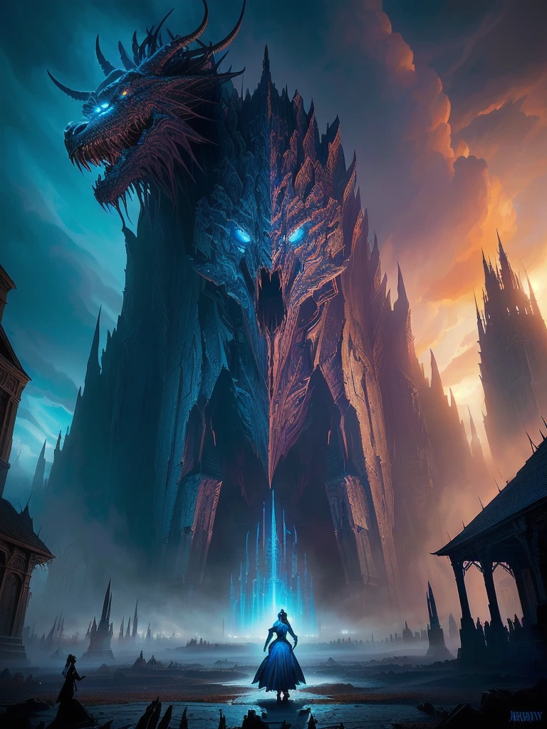 arafed woman in a blue dress standing in front of a giant monster, detailed cover artwork, inspired by Jeff Easley, dan mumford tom bagshaw, power metal album cover, an ominous fantasy illustration, jeff easley and ross tran, stylized urban fantasy artwork, epic fantasy sci fi illustration, horror fantasy art, in the style dan mumford artwork