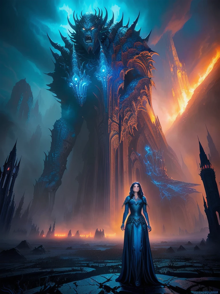 arafed woman in a blue dress standing in front of a giant monster, detailed cover artwork, inspired by Jeff Easley, dan mumford tom bagshaw, power metal album cover, an ominous fantasy illustration, jeff easley and ross tran, stylized urban fantasy artwork, epic fantasy sci fi illustration, horror fantasy art, in the style dan mumford artwork