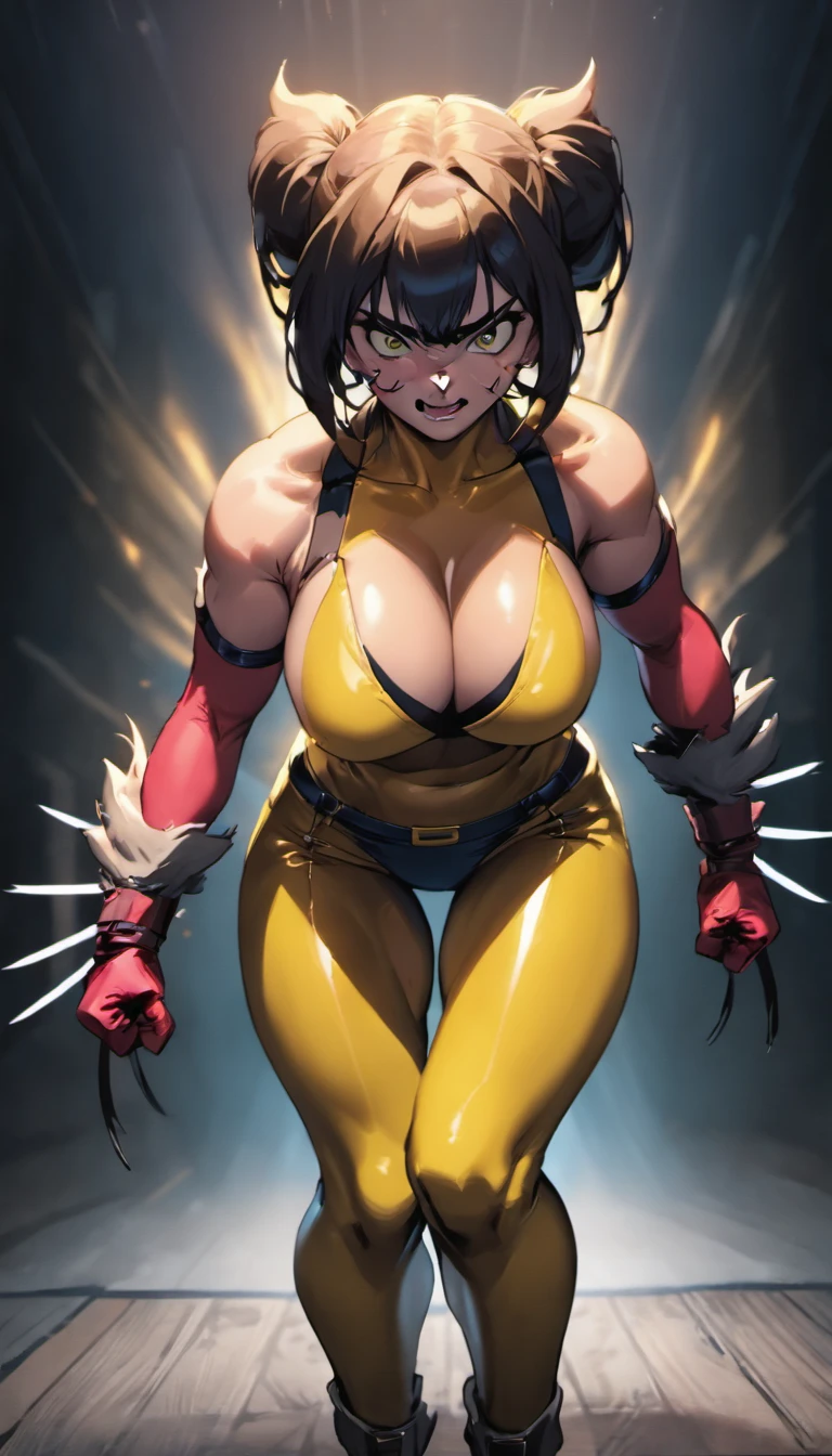 Best Quality, Masterpiece, Ultra High Resolution, (Realism: 1.4), Original Photo, 1Girl, Female Wolverine, Cinematic Lighting,Female Wolverine,8K, Ultra realistic, Detailed Clothes, Detailed ,Curvy Body, Gigantic Bust, Gigantic Buttocks 