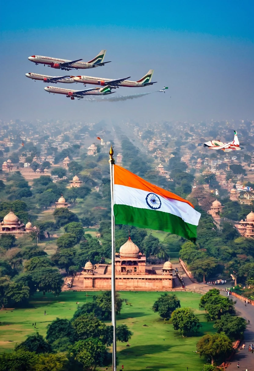 The Indian flag is flying above the Lal Qila, 5 airplanes are flying in the sky, all the Indian soldiers are saluting the Indian flag, it is morning time.take a big  photo from above,