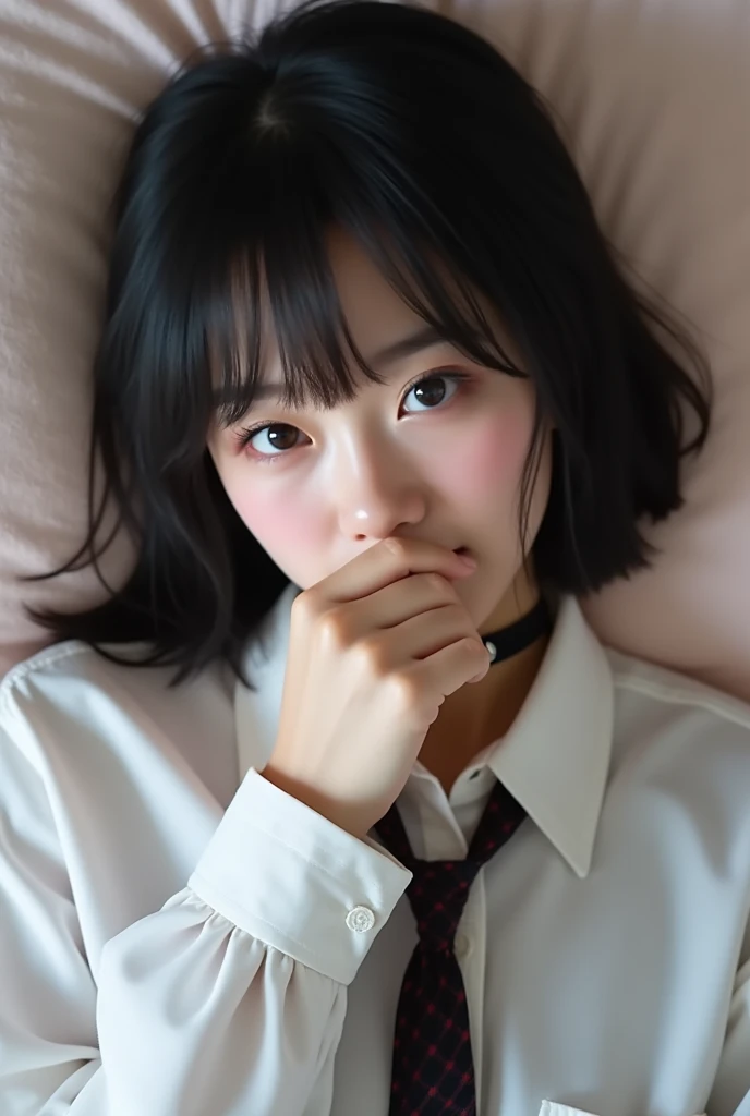 figure cover mouth with hand while laying down girl is beautiful japanese female and beautiful russian female mixed race only in the face age is features of the whole body black hair medium straight bob cut hair style beautiful small face with short eyelashes boyish eyes only high nose dark blue pupils very thin upper lip milky white skin accurate attractive body shape beautiful bust waist hip s thighs knees legs choker and tie on neck wearing only a large size casual shirt shy face kindly and slightly in bed