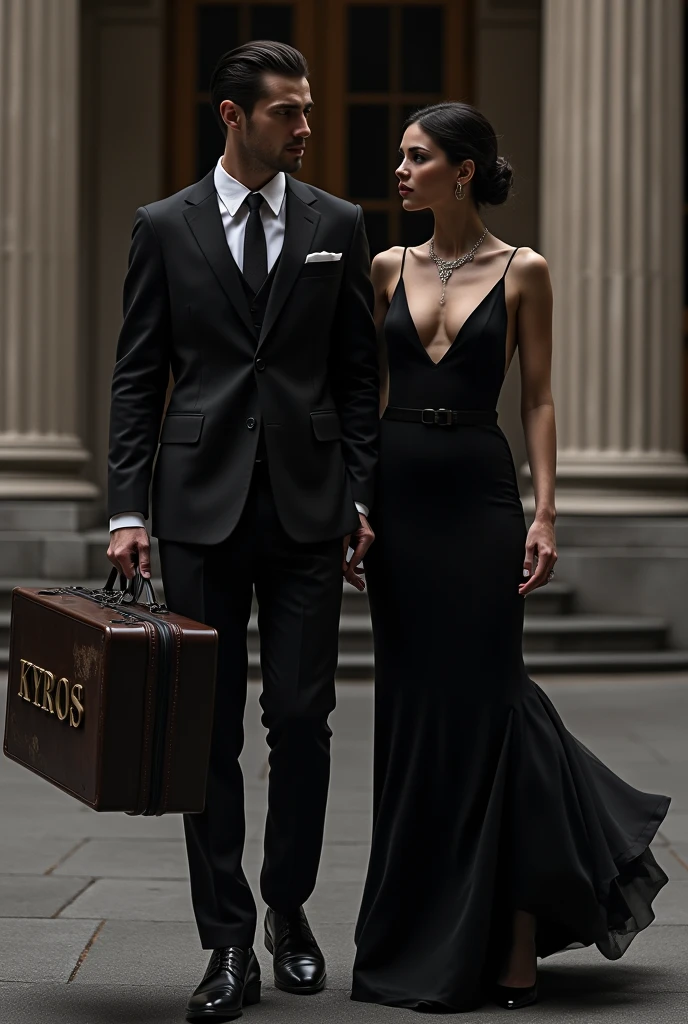 Mafia couple wearing formal outfit and standing outside of the building and the boy had a suit case had a name kyros 3rd letters on it.the girls wearing necklace and had a name Cay in 3rd letters on it.be careful to the spelling on it.