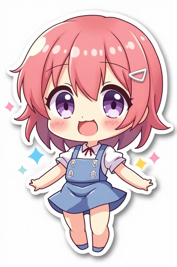 Generate an anime style sticker of a chibi woman, with borders and white background