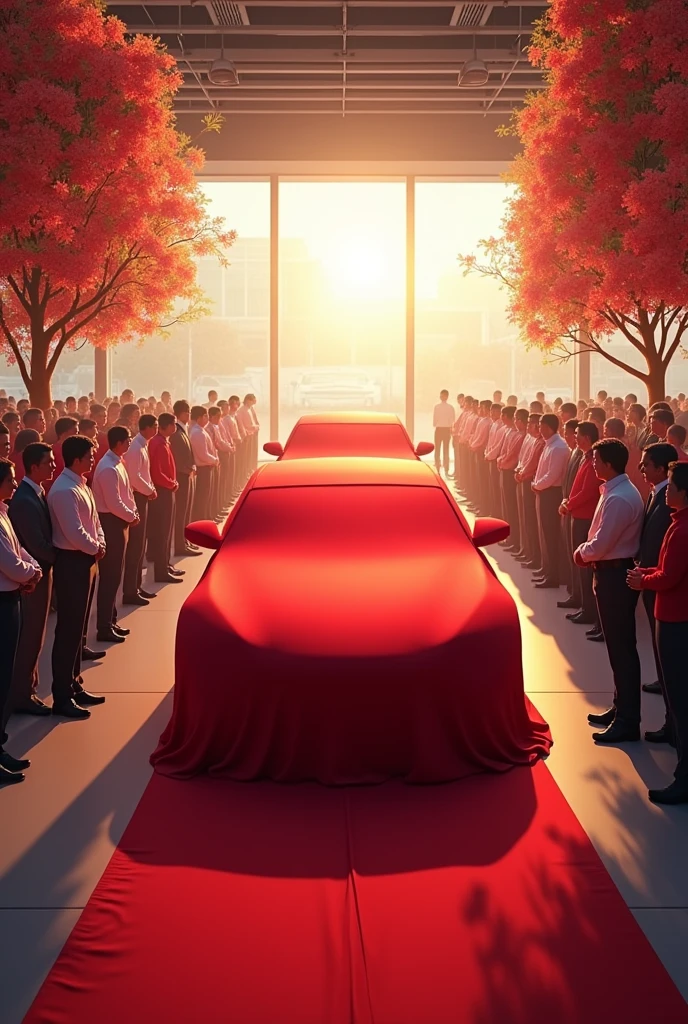 Make a animation of welcoming people to kairali toyota showroom for a grand new car key handovering ceremony of toyota vehicles covered in red satin cover decorated the premises with flowers