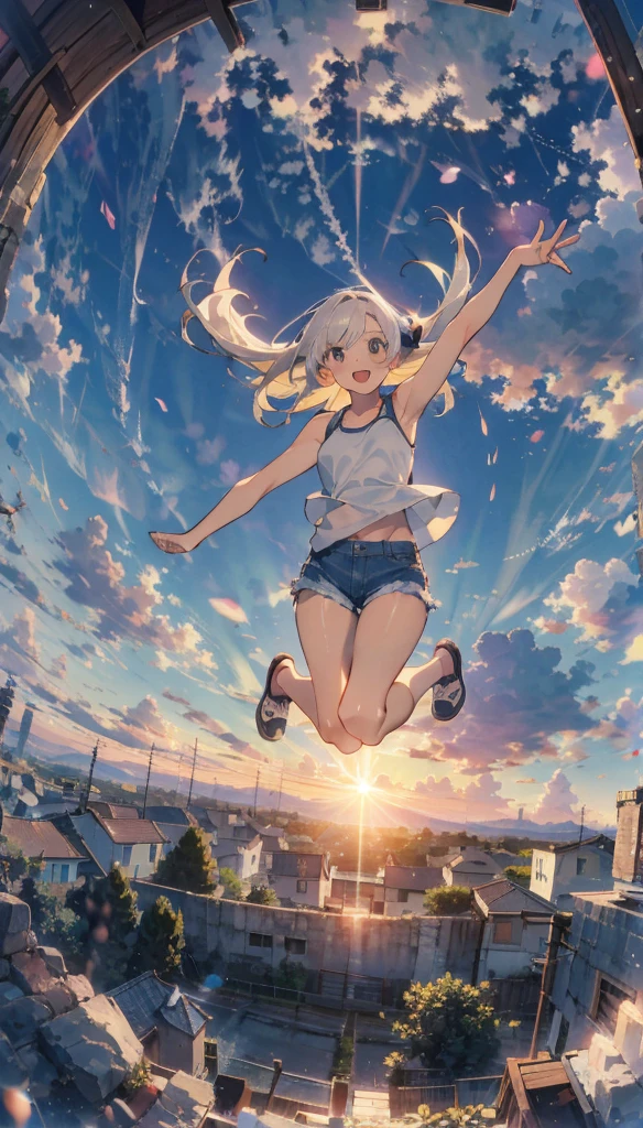 cloud，roller，Sky Sky，wing，jump，Floating，The Sunset Sun，daughter，Long white hair，Have fun，Open your mouth，LOL，Dynamic Hair，masterpiece，high quality，Depth of written boundary，Storytelling Images，Fisheye lens
One person　whole body　Beautiful girl　Tank top　Denim shorts