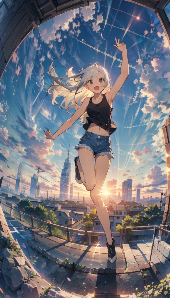 cloud，roller，Sky Sky，wing，jump，Floating，The Sunset Sun，daughter，Long white hair，Have fun，Open your mouth，LOL，Dynamic Hair，masterpiece，high quality，Depth of written boundary，Storytelling Images，Fisheye lens
One person　whole body　Beautiful girl　Tank top　Denim shorts