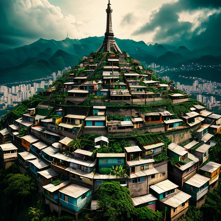 Eifell Tower in the middle of a favela, Brazil, Afrofuturism, plants, eifell tower made of houses in a favela, ultra quality, intricate details, cinematic lighting, vintage album cover