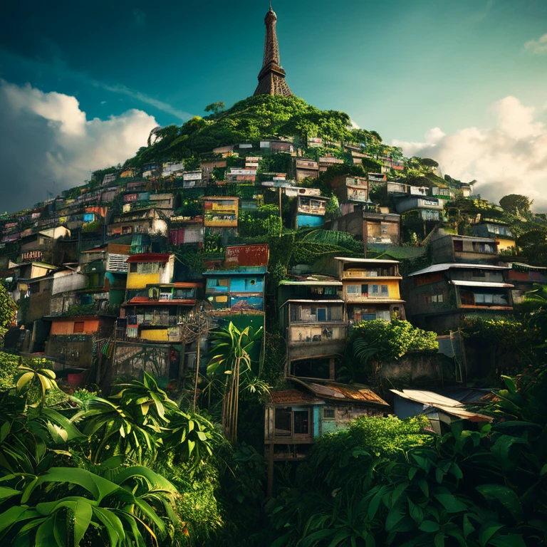Eifell Tower in the middle of a favela, Brazil, Afrofuturism, plants, eifell tower made of houses in a favela, ultra quality, intricate details, cinematic lighting, vintage album cover