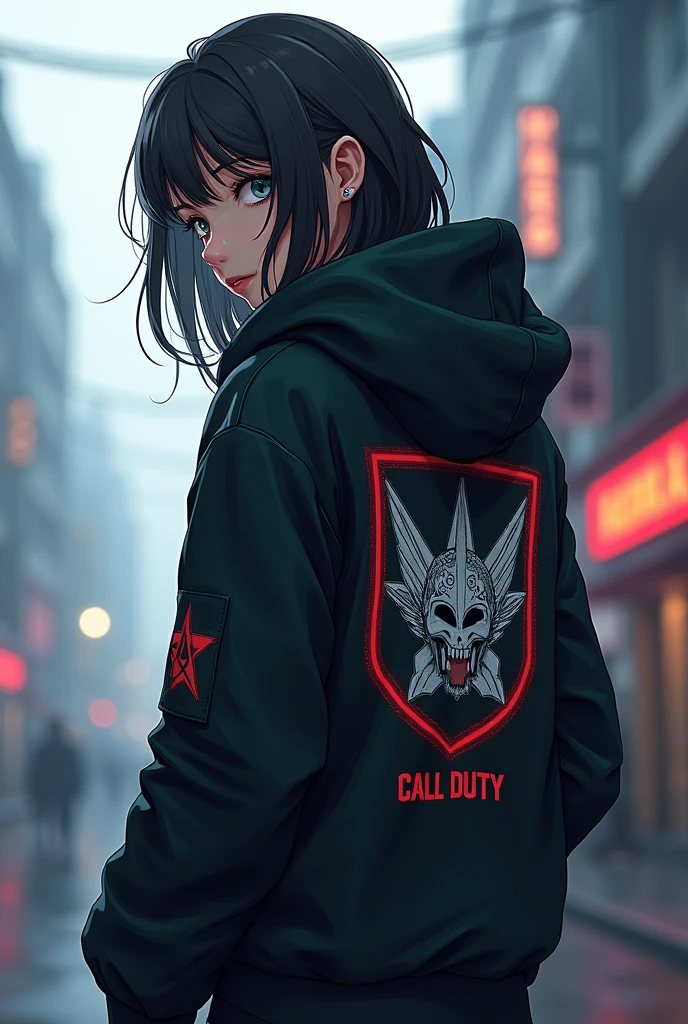 Anime Woman facing back like her head sidewearing jacket with the logo of the game Call of Duty and my name Akira_Aika_